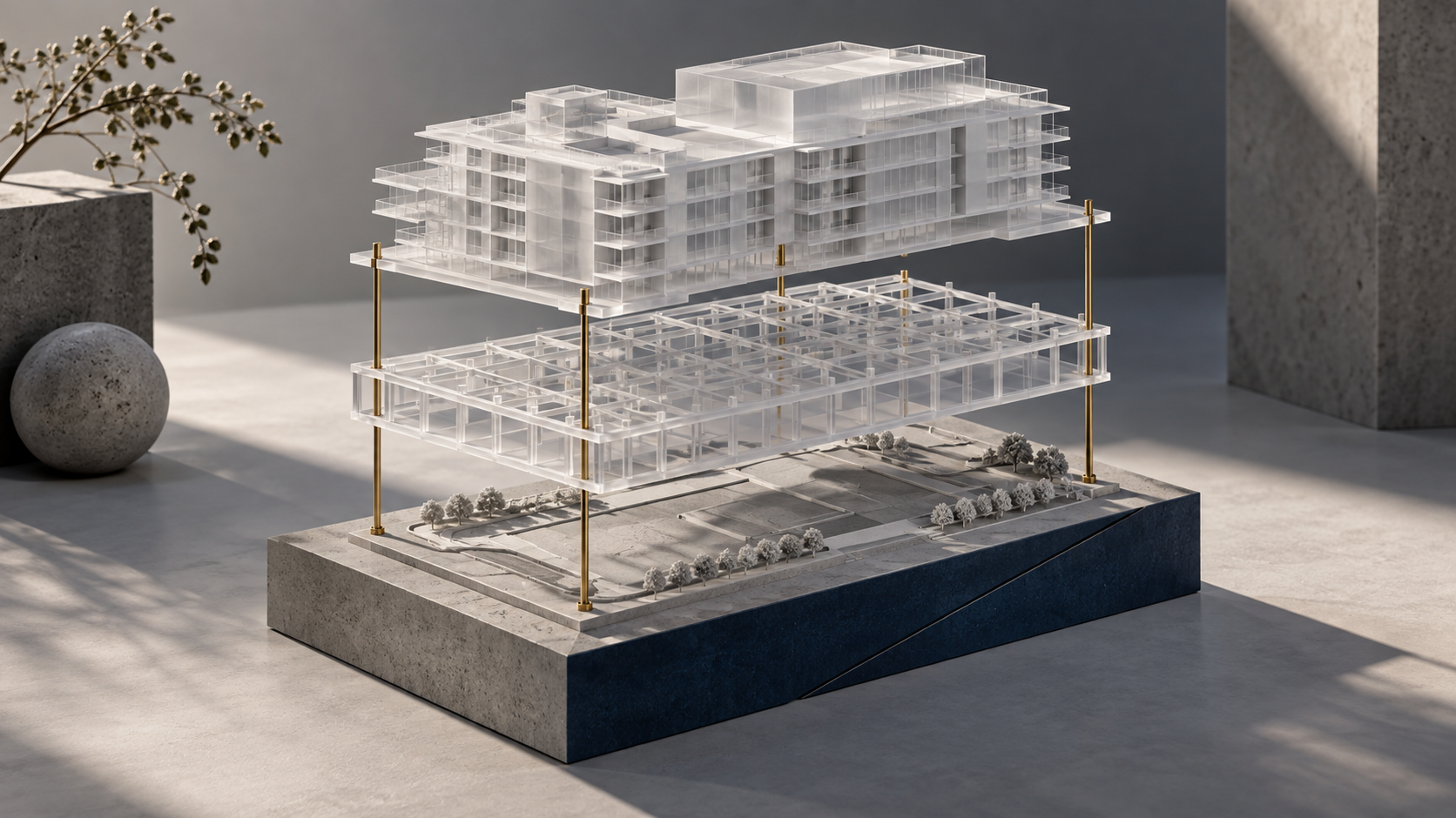 Konceptuálny architektonický model s oddelenými vrstvami pozemku, konštrukcie a budovy ako obraz prepájania projektových podkladov.