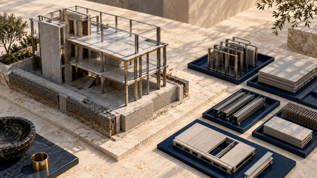 Konceptuálny architektonický model odlišuje už zabudované konštrukcie od samostatných komponentov pripravených na ďalšiu etapu.