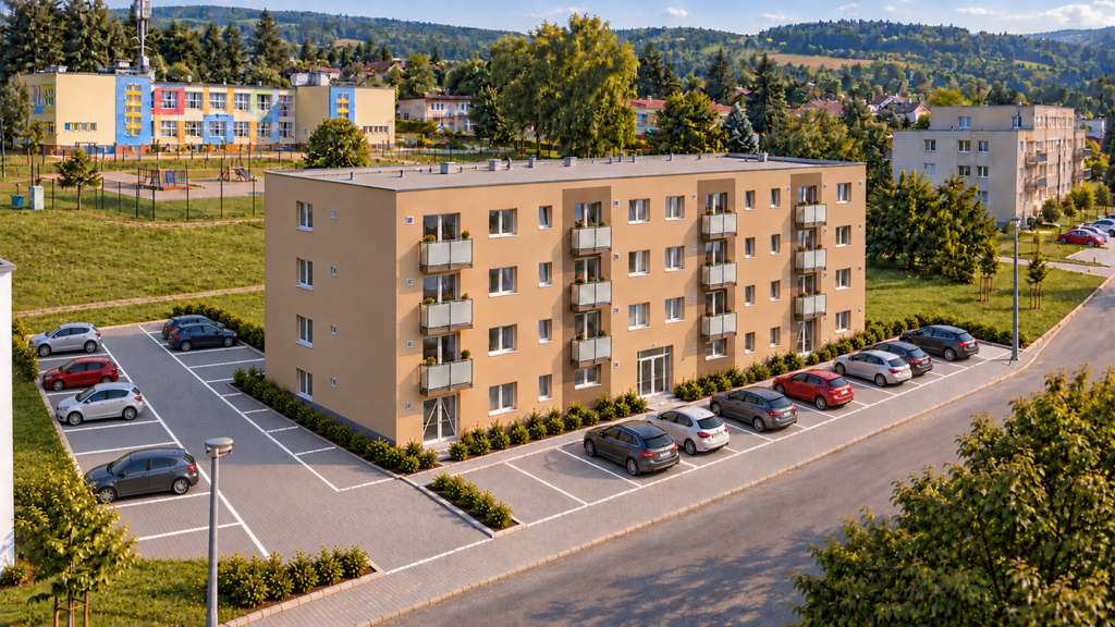 Architektonická vizualizácia bytového domu Cerová – nadhľad na budovu, priečne parkovanie a okolitú zástavbu